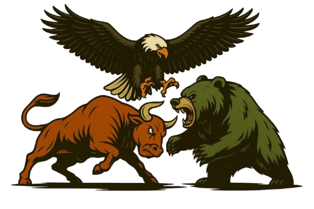 Engraved illustration of a bull, a bear and an eagle